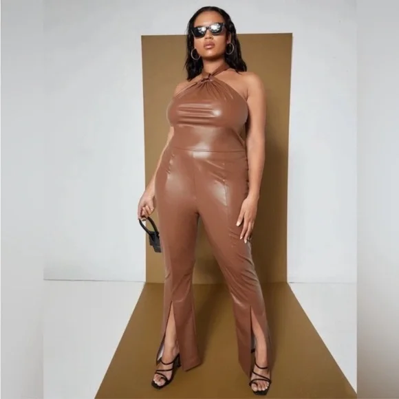 Brown Halter Fashion Jumpsuit - Picture 1 of 9